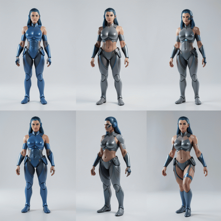 Visual representation of consistent AI character generation across different styles and poses, emphasizing visual consistency.
