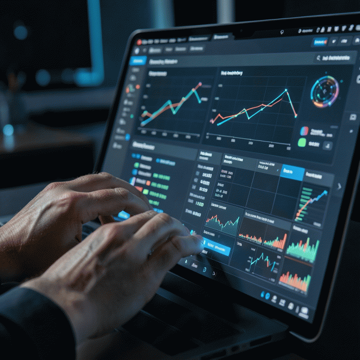 Hands interacting with a futuristic UI for complex marketing data analysis using AI.