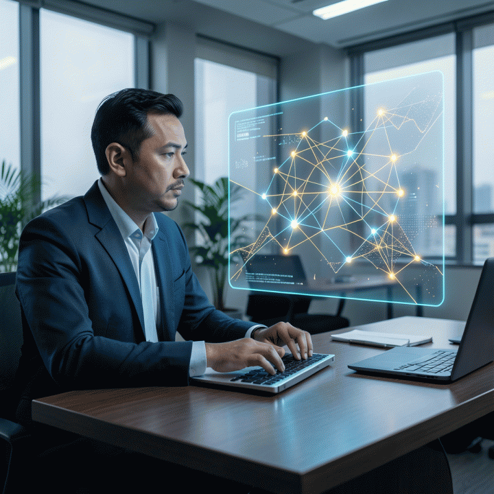 Seorang manajer pemasaran profesional melihat data analisis kompetitor dan pola pasar yang kompleks, abstrak, dan bercahaya di layar holografik, menunjukkan bantuan kecerdasan buatan (AI) dalam pengambilan keputusan bisnis.