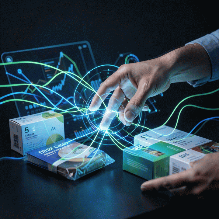 Ilustrasi konseptual tangan yang mengoptimalkan data e-commerce menggunakan antarmuka digital canggih, melambangkan analisis bisnis yang mendalam.