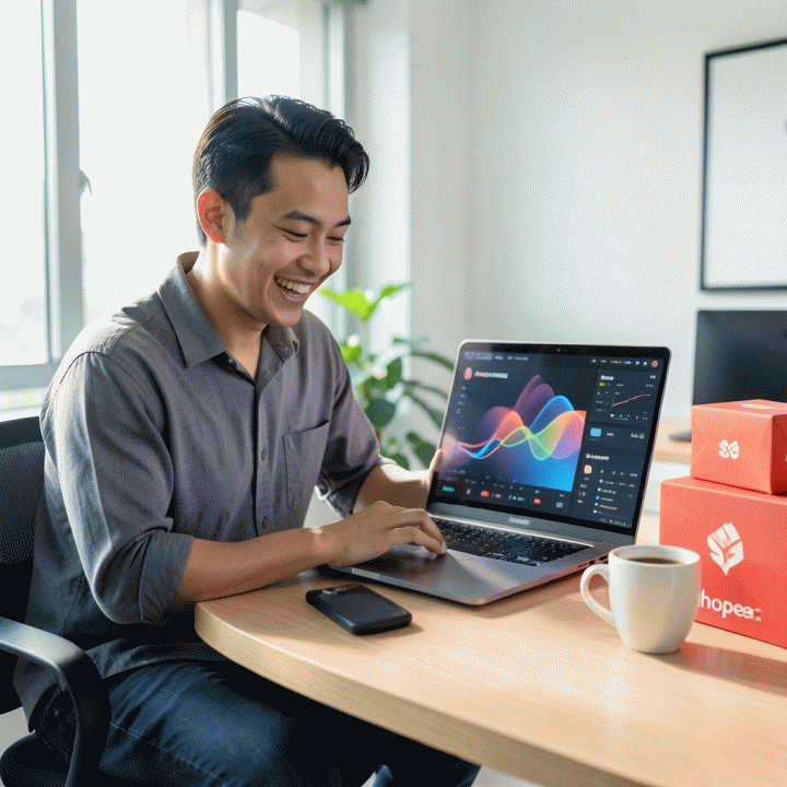 Seorang penjual e-commerce Indonesia yang sukses dan percaya diri menggunakan laptop modern yang menampilkan dashboard analitik bisnis, dikelilingi oleh produk-produk Shopee yang siap jual.