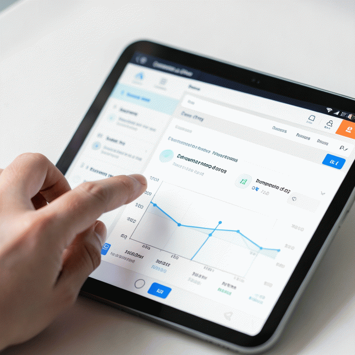 Hand interacting with a data marketing application interface for competitor analysis and copywriting insights.