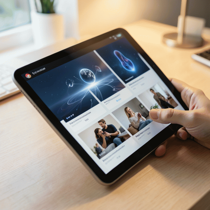 Hand interacting with a tablet showing professional AI-generated design assets.