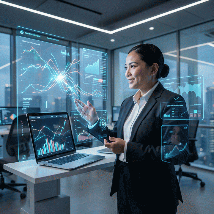 Seorang pemilik bisnis e-commerce Indonesia di lingkungan futuristik, berinteraksi dengan visualisasi data holografik AI yang menunjukkan optimasi strategi bisnis dan pertumbuhan.