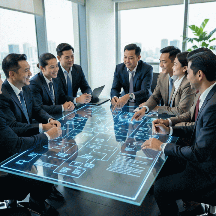 Tim profesional Indonesia berkolaborasi di sekitar meja holografik yang menampilkan model bisnis dan strategi e-commerce yang dioptimalkan oleh AI.