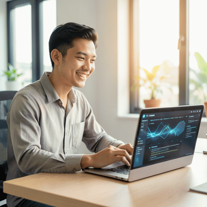 Seorang penjual e-commerce profesional Indonesia sedang bekerja di depan laptop, menggunakan bantuan AI untuk mengoptimalkan deskripsi produk Shopee.