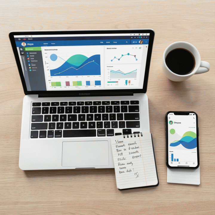 Tampilan atas (flat lay) meja kerja yang menunjukkan laptop dengan dashboard data e-commerce, notebook, dan smartphone, melambangkan perencanaan bisnis.