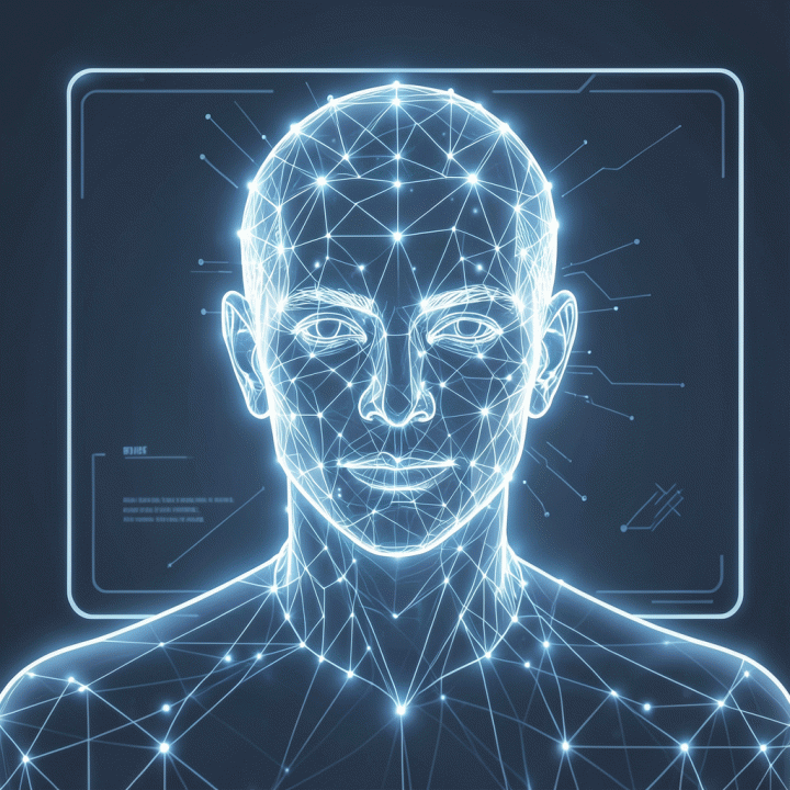 Visualisasi abstrak proses AI dalam menghasilkan foto profil profesional.