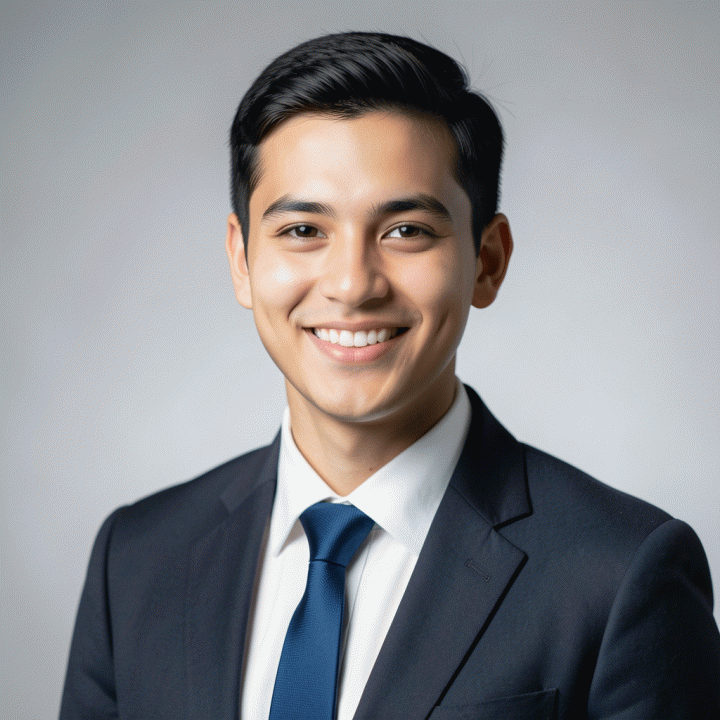 Foto profil profesional realistis dari seorang profesional muda dengan latar belakang studio yang elegan.