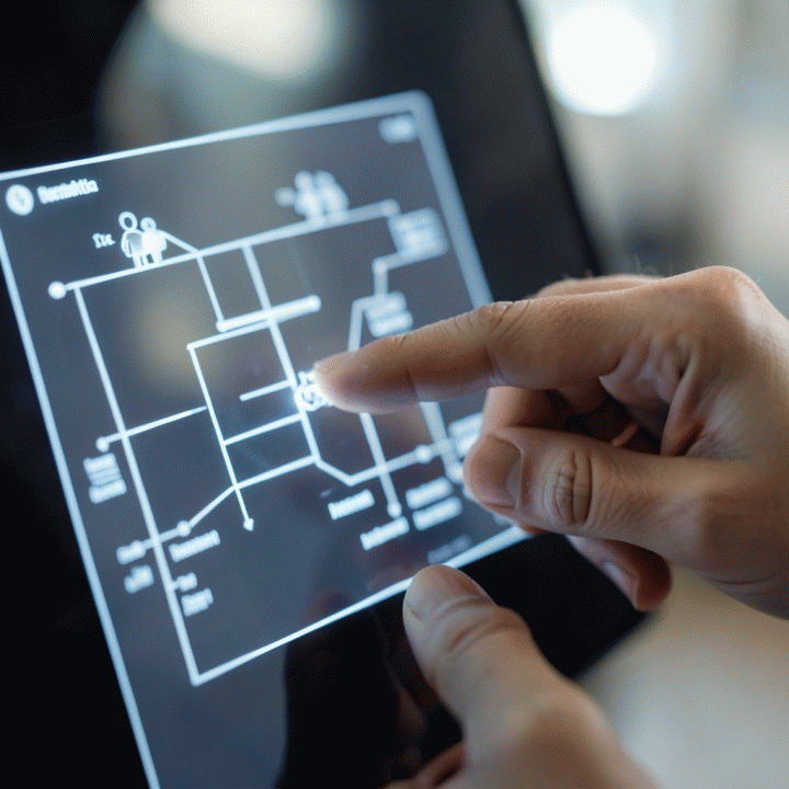 Tangan berinteraksi dengan antarmuka digital yang menampilkan silsilah keluarga yang terorganisir, menunjukkan kemudahan dokumentasi data keturunan.
