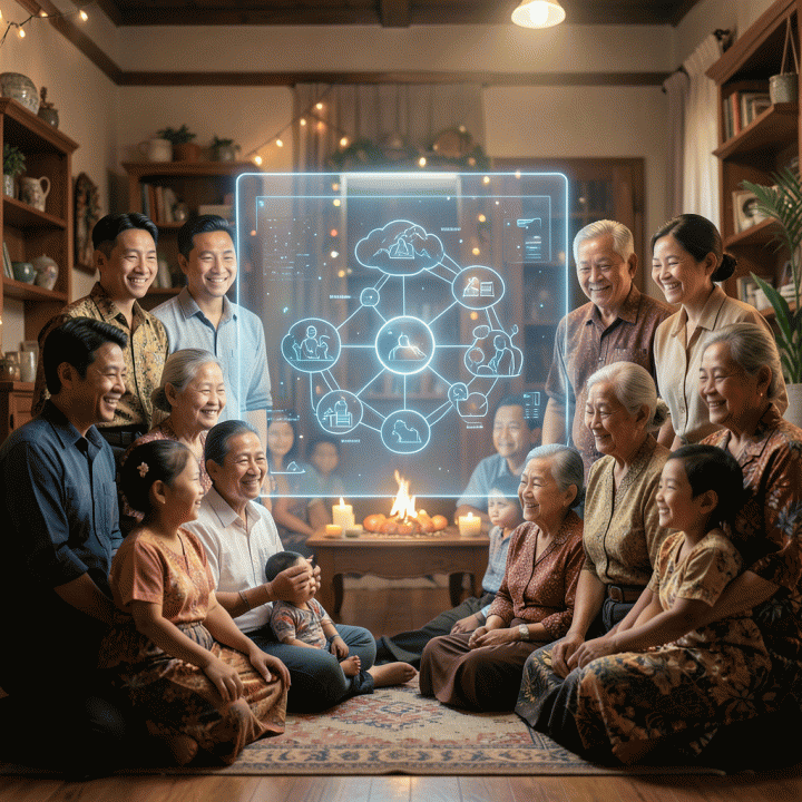 Keluarga lintas generasi berkumpul di sekitar visualisasi pohon keluarga digital yang bercahaya, melambangkan warisan dan koneksi keluarga.