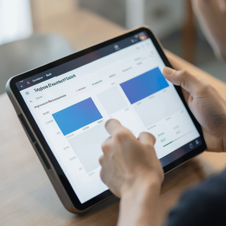 Tangan seorang manajer pemasaran berinteraksi dengan tablet yang menampilkan dashboard perbandingan iklan kompetitor untuk mengidentifikasi celah pasar yang belum tergarap.