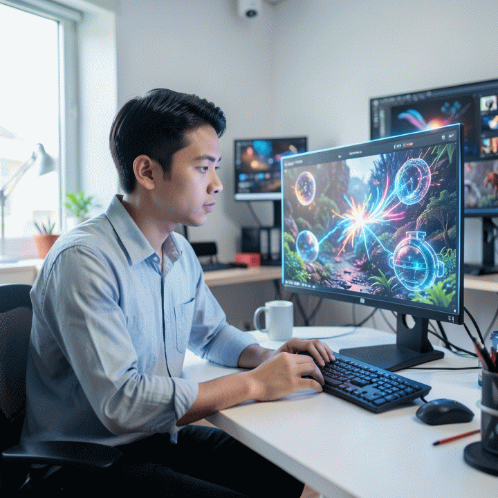 Seorang kreator konten muda Indonesia bekerja di studio digital modern, berinteraksi dengan antarmuka holografik yang menampilkan aset visual AI yang abstrak dan berwarna-warni, melambangkan efisiensi dan kreativitas tanpa batas.