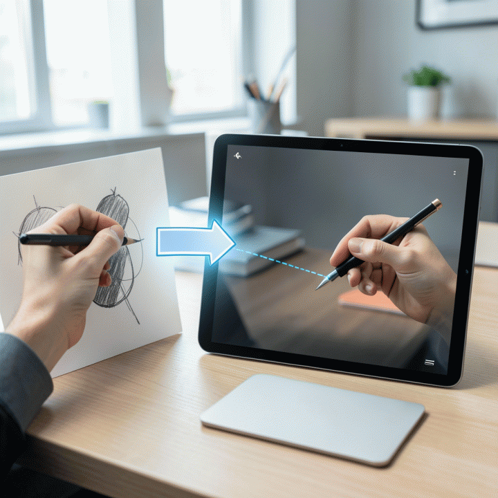 Ilustrasi digital yang menunjukkan proses transformasi ide sketsa tangan menjadi gambar digital fotorealistik yang sempurna, melambangkan efisiensi AI dalam proses kreatif.