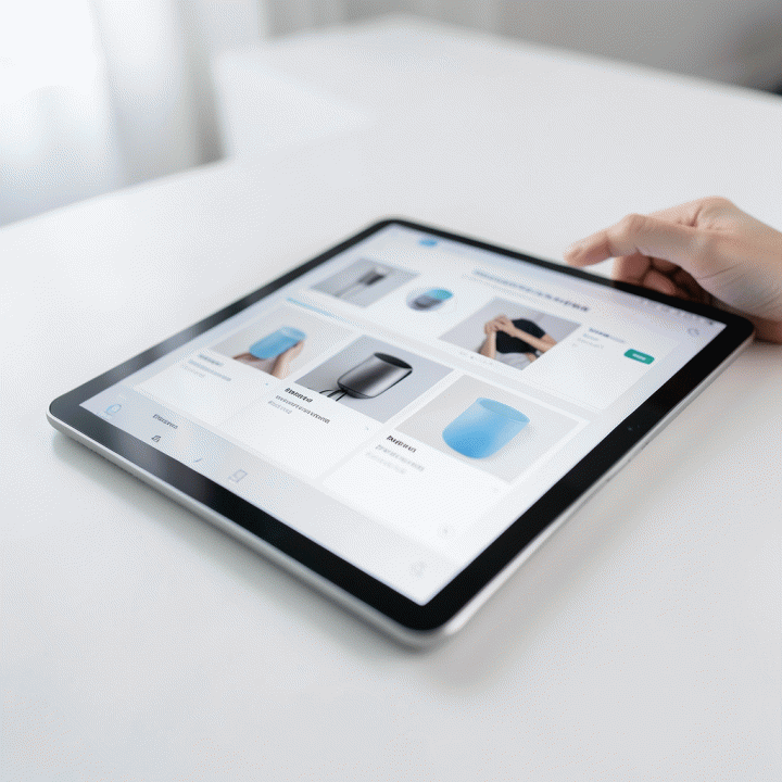 Tangan berinteraksi dengan antarmuka tablet modern untuk menghasilkan beberapa gambar produk menggunakan antarmuka AI.