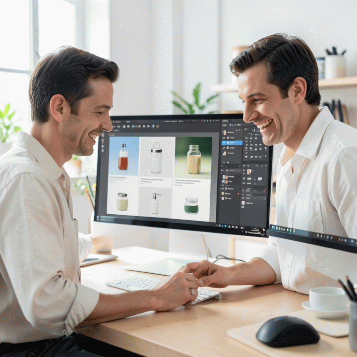 Seorang penjual online meninjau variasi gambar iklan produk yang dibuat oleh AI.