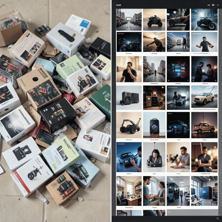 Perbandingan hasil sebelum dan sesudah: sisi kiri berisi foto produk generik yang berantakan, sisi kanan berisi grid iklan visual yang beragam dan profesional yang dihasilkan oleh AI.