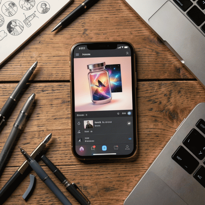 Flat lay of a smartphone displaying an AI image generator interface for creating product review content, emphasizing ease of use for UMKM.