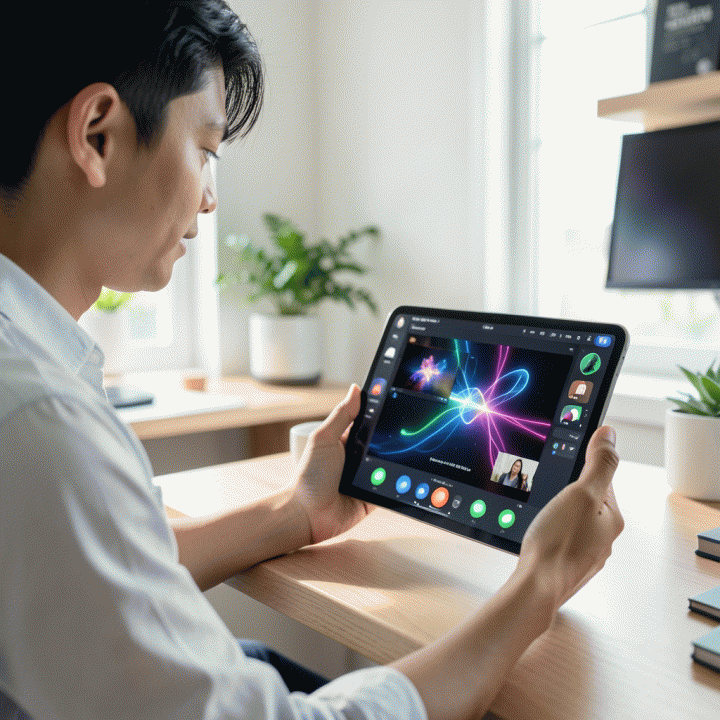 Seorang penjual online Indonesia menggunakan tablet untuk menghasilkan variasi visual iklan produk menggunakan aplikasi AI.