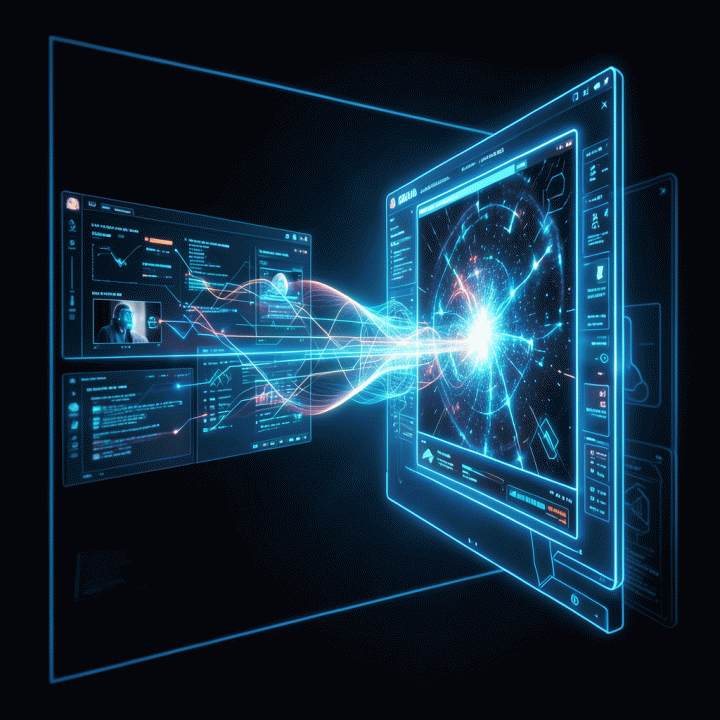 Conceptual image illustrating the AI image upscaling process transforming low-resolution into high-resolution.