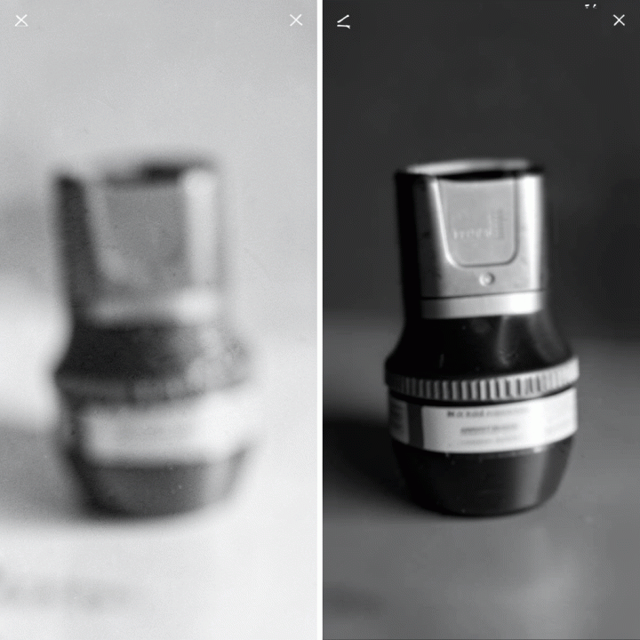Comparison of low-quality blurry product photo versus high-quality AI upscaled product photo.