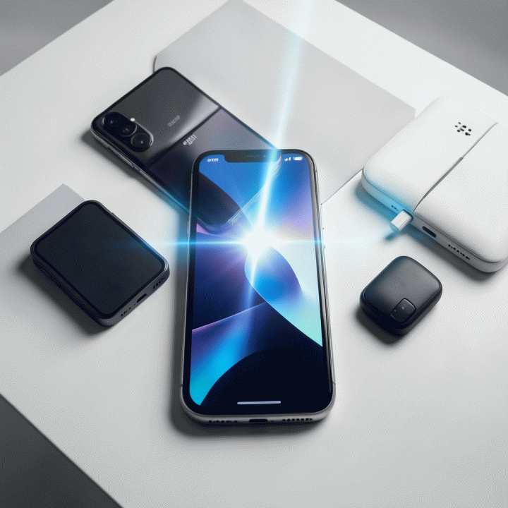 Foto produk smartphone profesional di studio dengan pencahayaan sinematik, menunjukkan peningkatan kualitas visual melalui teknologi AI.