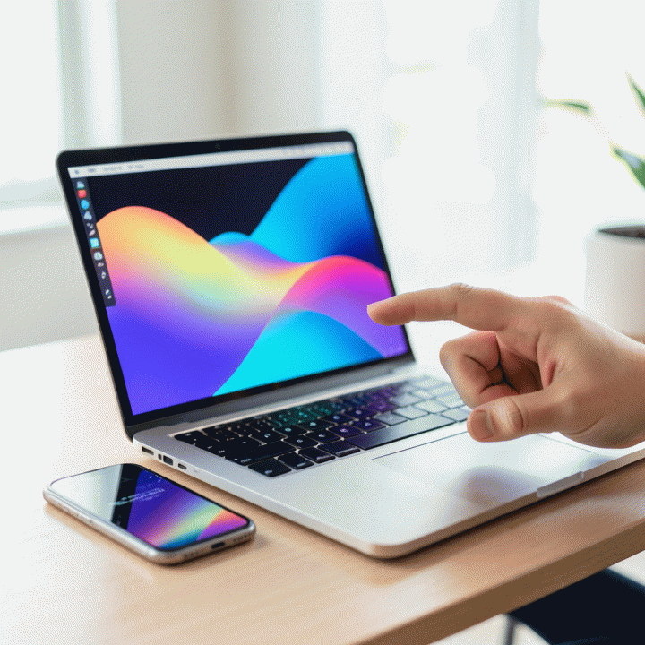 Penggunaan AI Image Upscaler melalui laptop atau ponsel untuk meningkatkan kualitas foto produk.