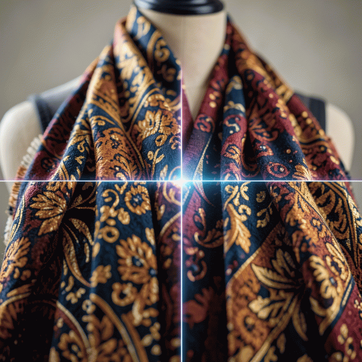 Perbandingan visual antara foto produk tekstil resolusi rendah yang buram dengan versi resolusi tinggi yang sangat tajam.