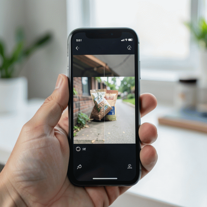 Tangan memegang ponsel yang menampilkan perbandingan foto produk sebelum dan sesudah ditingkatkan kualitasnya menggunakan AI upscaler, menunjukkan peningkatan resolusi dari buram menjadi sangat tajam dan detail.