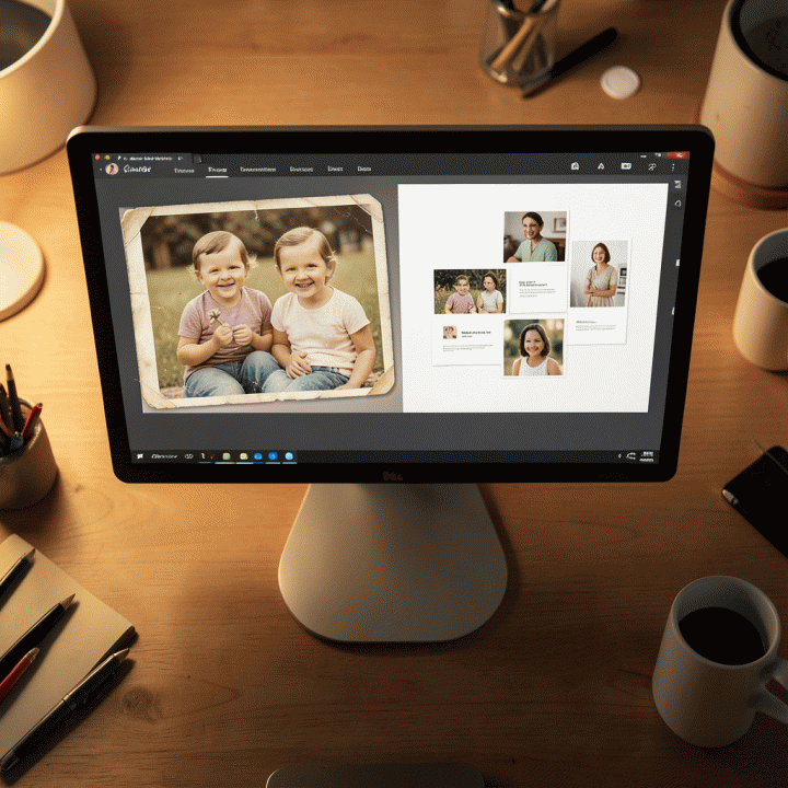 Tangan seorang desainer grafis yang sedang mengerjakan restorasi foto lama di laptop, menunjukkan hasil peningkatan warna dan detail secara nyata.