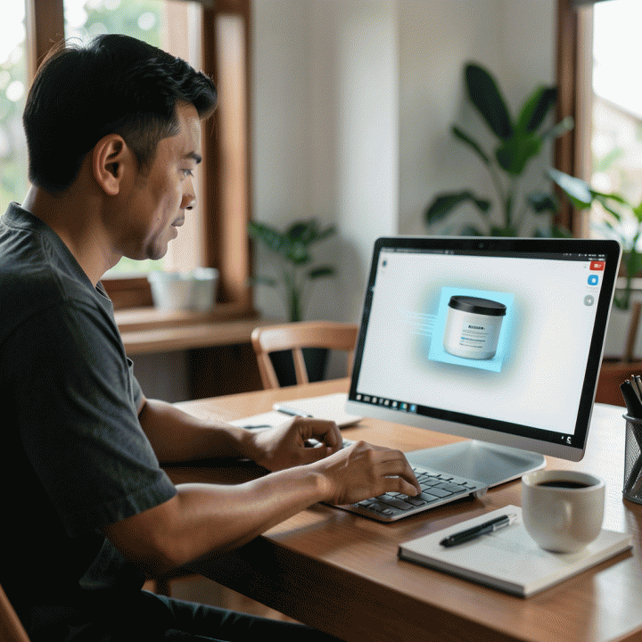 Seorang pemilik UMKM tersenyum puas di depan laptop yang menunjukkan transformasi foto produk dari resolusi rendah menjadi sangat tinggi menggunakan AI.