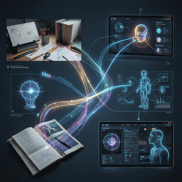 Visualisasi evolusi identitas merek dari metode analog ke antarmuka digital AI yang futuristik.