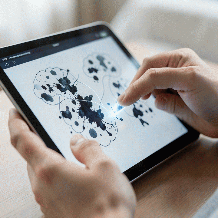 Tangan yang berinteraksi dengan antarmuka tablet yang menunjukkan visualisasi AI yang mengubah pikiran yang berantakan menjadi struktur yang rapi.