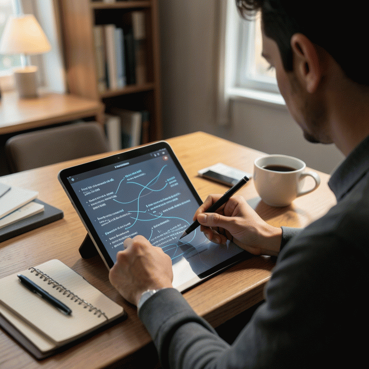 Seseorang di ruangan yang nyaman menggunakan tablet digital untuk menata curahan pikiran menjadi jurnal yang terstruktur menggunakan fitur AI.
