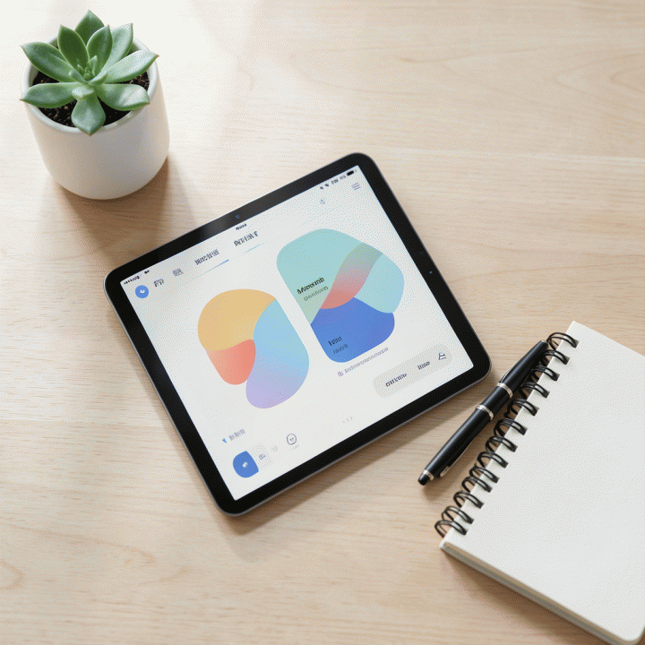 Tata letak minimalis berisi alat-alat jurnal digital dan fisik di atas meja kayu, melambangkan refleksi diri dan produktivitas.