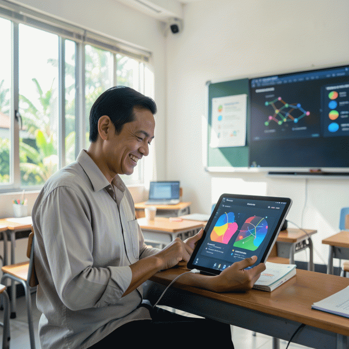 Guru Indonesia yang tersenyum menggunakan tablet di kelas modern, menunjukkan kemudahan dan efisiensi mengajar berkat teknologi AI.