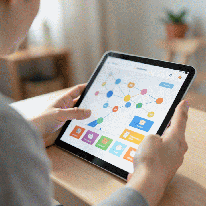 Tangan berinteraksi dengan antarmuka AI di tablet, menghasilkan materi belajar anak yang terstruktur dan menarik.