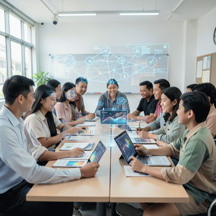 Guru dan siswa Indonesia berkolaborasi di kelas modern yang futuristik, menggunakan teknologi AI untuk materi pembelajaran personalisasi.