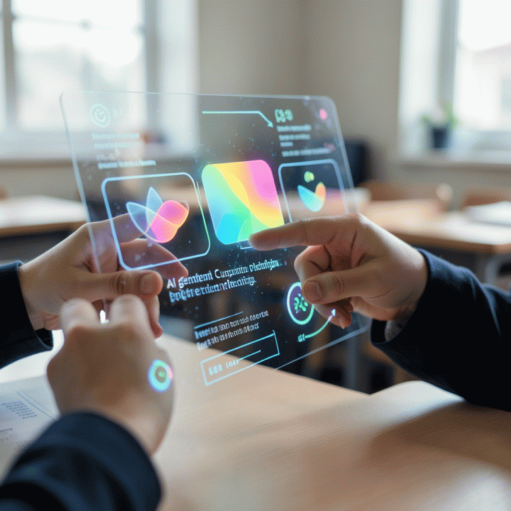 Tangan guru berinteraksi dengan antarmuka holografik AI yang menampilkan modul kurikulum pembelajaran yang abstrak dan berwarna.