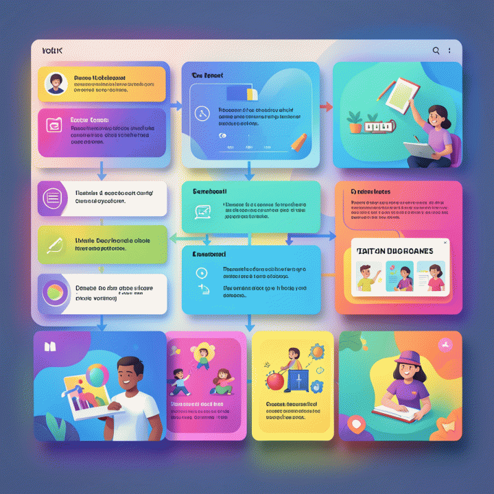 Visualisasi paket pembelajaran lengkap—alur materi, soal, dan aktivitas kelas—yang disusun secara mulus. Seni digital abstrak yang cerah, menekankan konten pendidikan yang komprehensif.