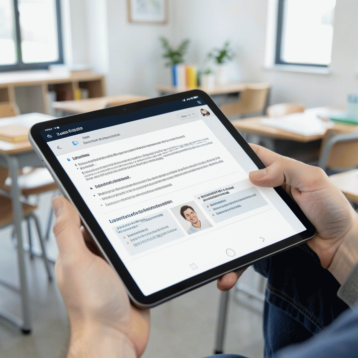 Tangan yang mudah menggunakan antarmuka tablet untuk membuat rencana pelajaran lengkap, menekankan kemudahan penggunaan alat AI untuk materi pendidikan.