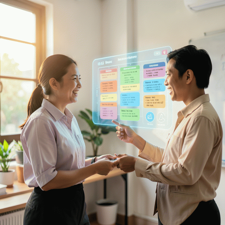 Seorang guru modern berinteraksi dengan layar holograf yang menampilkan rencana pembelajaran dan aktivitas kelas yang terorganisir dengan sempurna, menekankan efisiensi dalam perencanaan pendidikan.