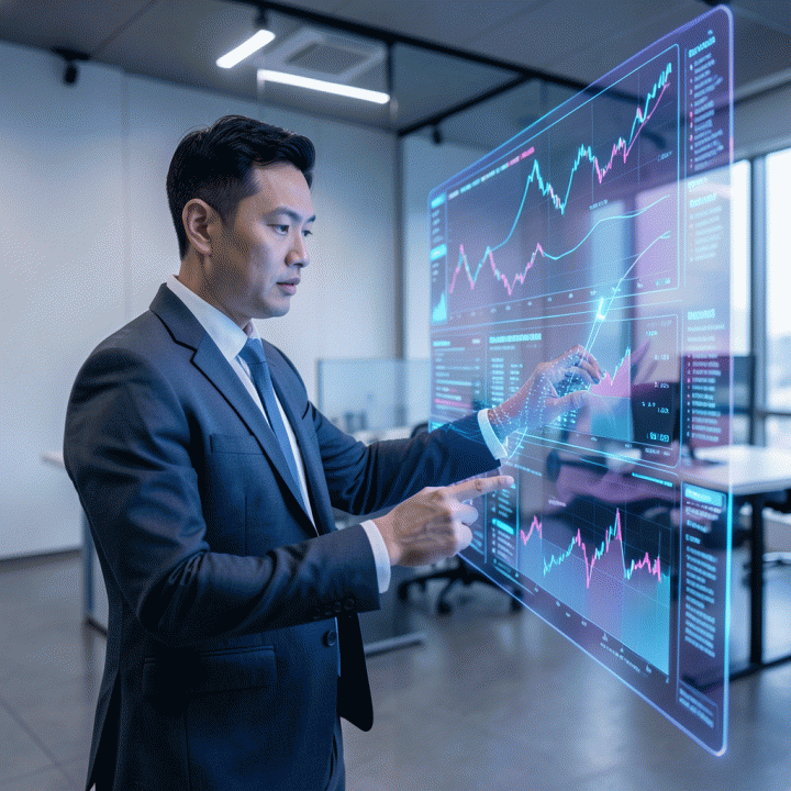 Seorang profesional pemasaran modern menganalisis aliran data holografik dan grafik pasar yang kompleks, melambangkan riset pasar otomatis dan wawasan berbasis AI.