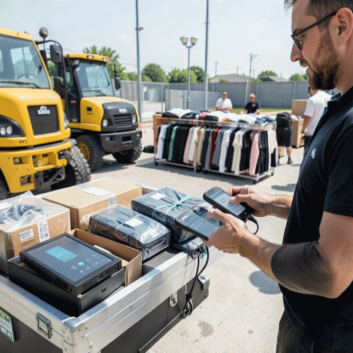 Seorang staf sedang menggunakan perangkat pemindai nirkabel untuk mendigitalisasi dan mencatat inventaris berbagai macam aset rental (dari alat berat hingga fashion), mewakili transisi ke manajemen gudang yang modern.