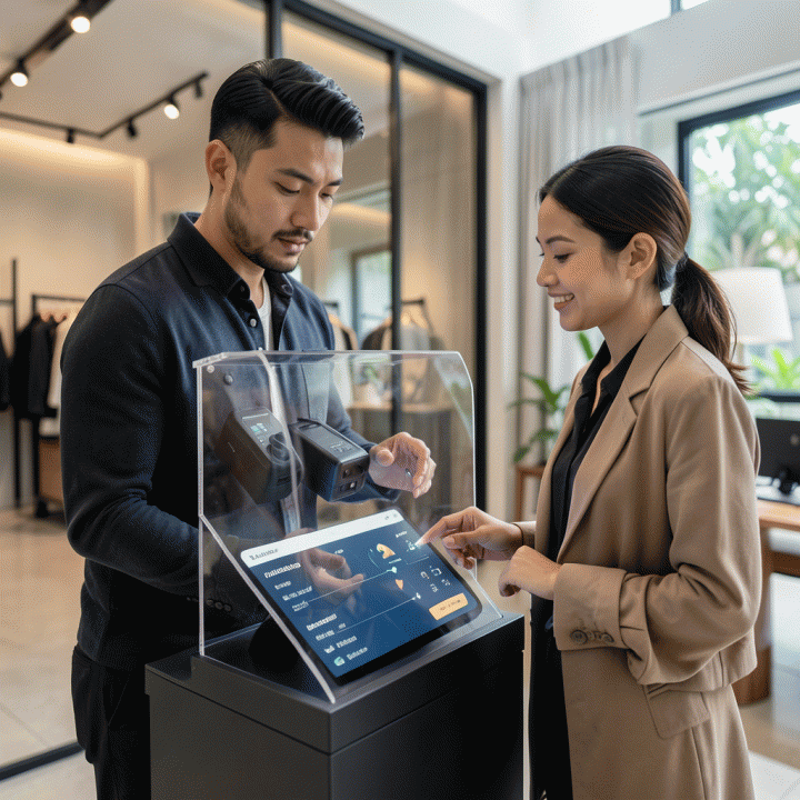 Staf toko ritel rental memproses pemesanan dan inventaris menggunakan terminal kios digital yang elegan.