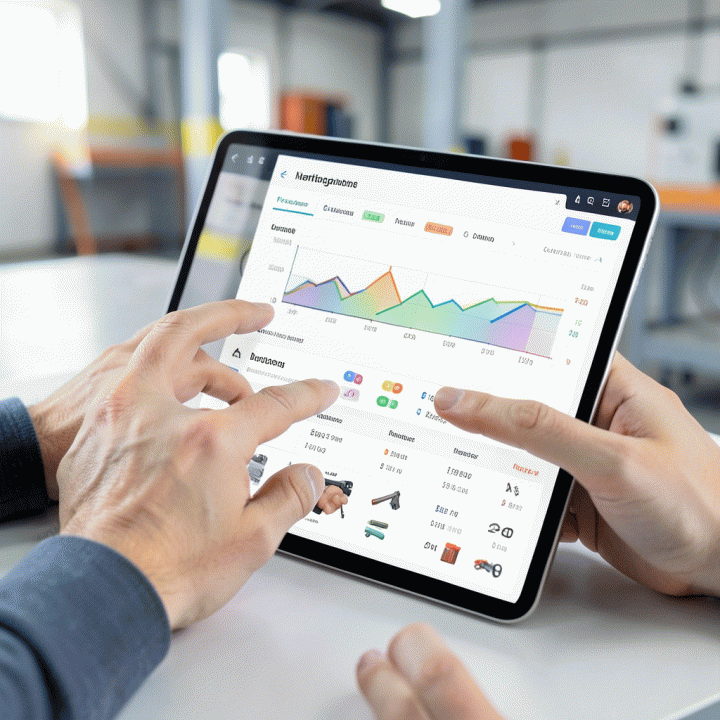 Manajer menggunakan tablet untuk melihat dashboard manajemen inventaris rental yang menunjukkan status aset secara real-time dan terstruktur.