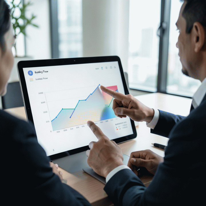 Tim manajemen bisnis rental sedang berdiskusi strategi menggunakan dashboard analitik yang menampilkan grafik dan metrik kinerja di layar sentuh.