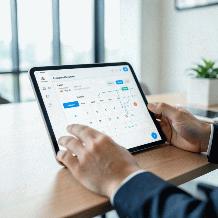 Penggunaan tablet untuk memvisualisasikan sistem pemesanan dan manajemen jadwal sewa-menyewa yang terorganisasi secara digital.