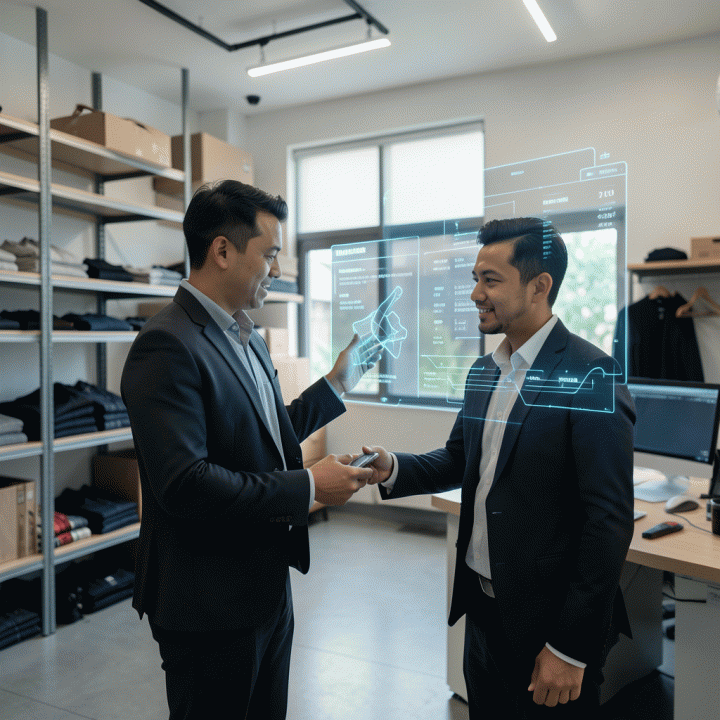 Seorang pemilik bisnis rental modern di Indonesia berinteraksi dengan antarmuka hologram yang menunjukkan manajemen inventaris dan pemesanan secara efisien, melambangkan transisi menuju otomasi AI dalam industri sewa-menyewa.