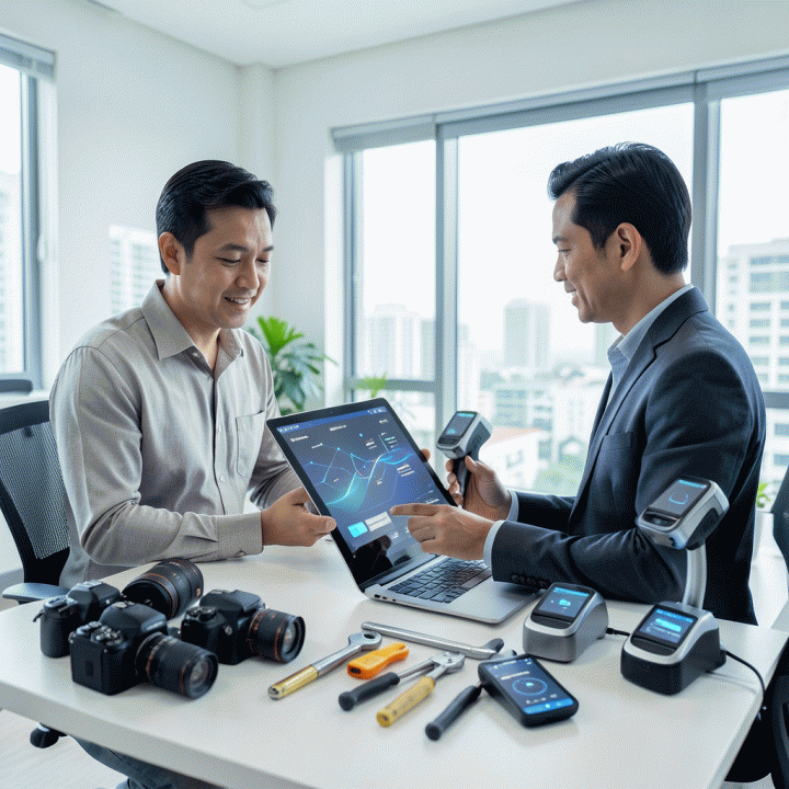 Seorang manajer di Indonesia menggunakan tablet modern untuk mengelola inventaris rental bisnis yang rapi dan terorganisir, menunjukkan transisi dari proses manual ke sistem otomatisasi digital.